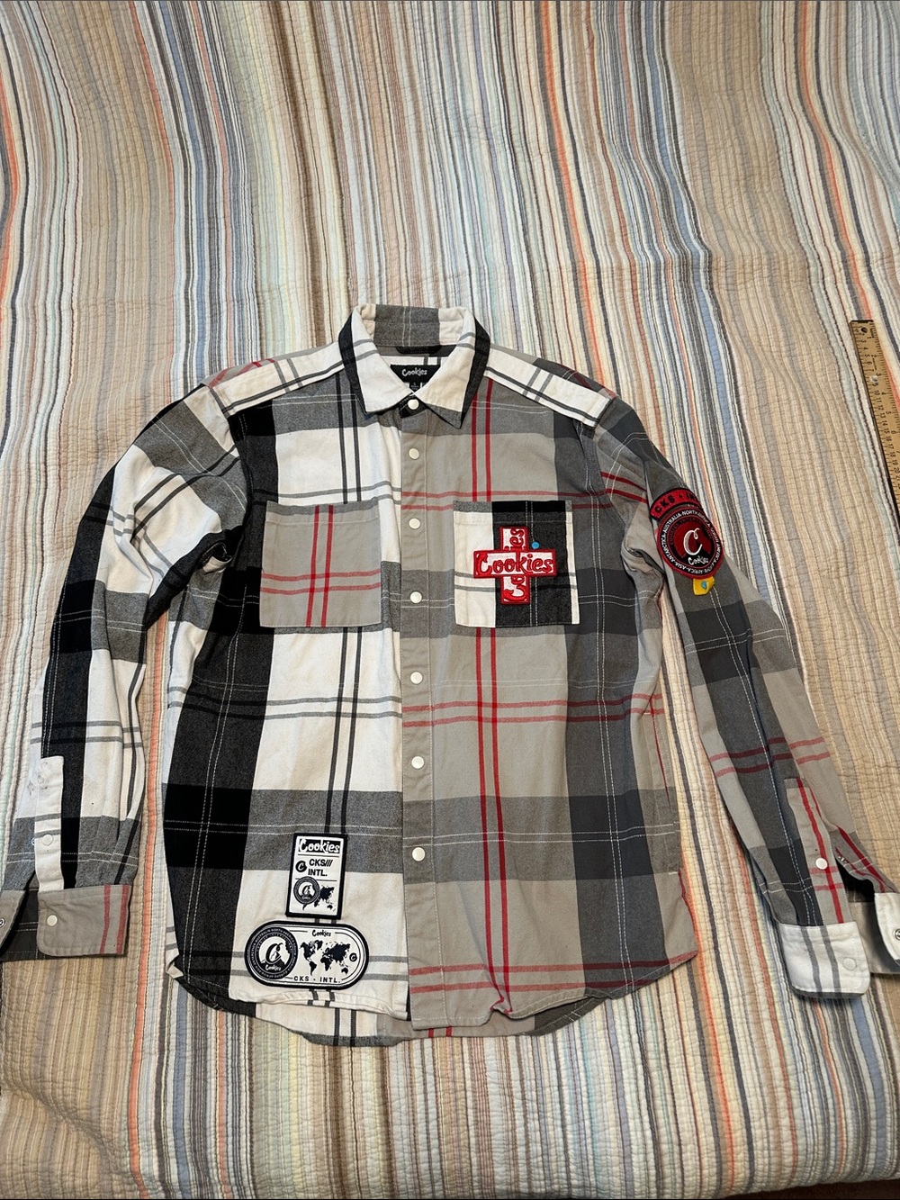 Cookies Men’s Gray Plaid Button-Down Shirt with Red Accent